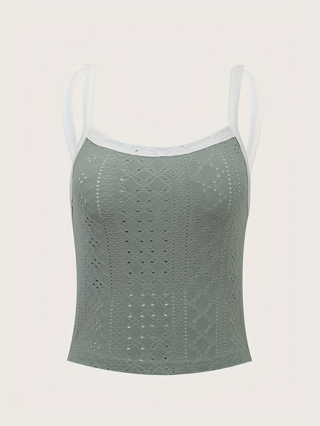 Eyelet Trim Cami Top Crew Neck Summer Sleeveless Top Women's Clothing