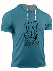 Men's Bear Graphic Hooded T shirt BEAR PRINT Casual Slightly Stretch Tee