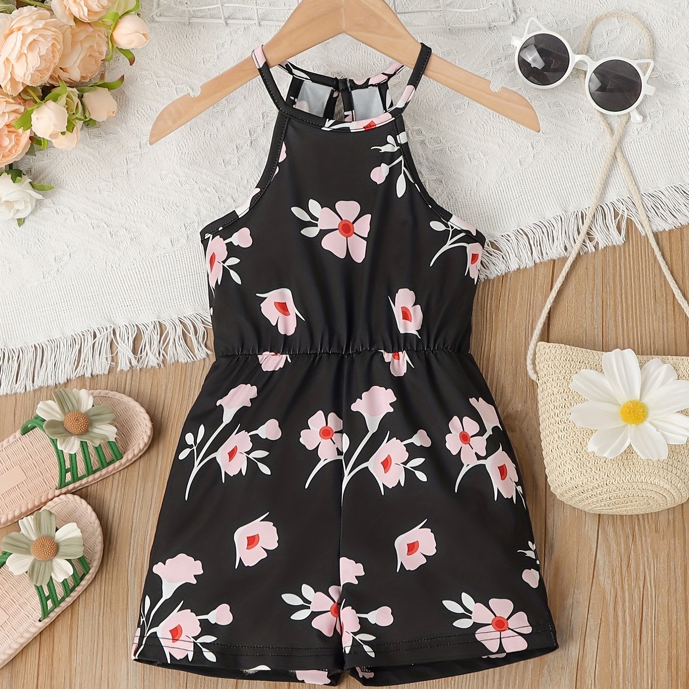 Girls Flower Print Casual Halter Neck Sleeveless Rompers