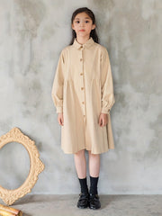 Girls Comfy Cotton Lapel Dress Thick Lantern Sleeve Button Up Dress