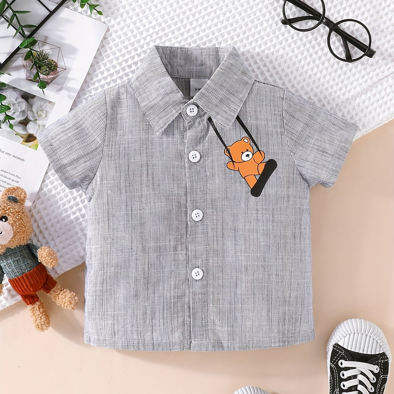 Bear Print Toddler Boys Shirt Short Sleeve Top