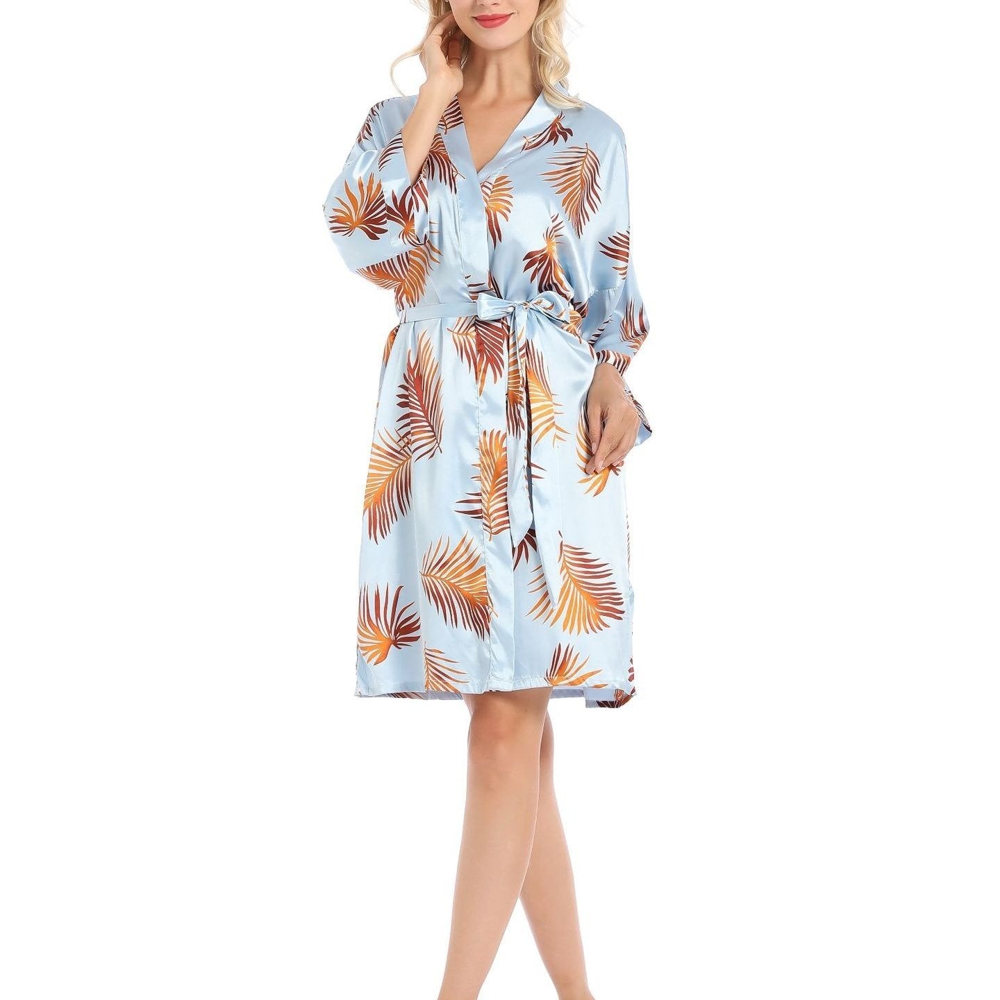 Leaf Print Satin Night Robe Long Sleeve V Neck Robe Women's Sleepwear