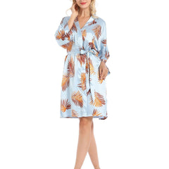 Leaf Print Satin Night Robe Long Sleeve V Neck Robe Women's Sleepwear