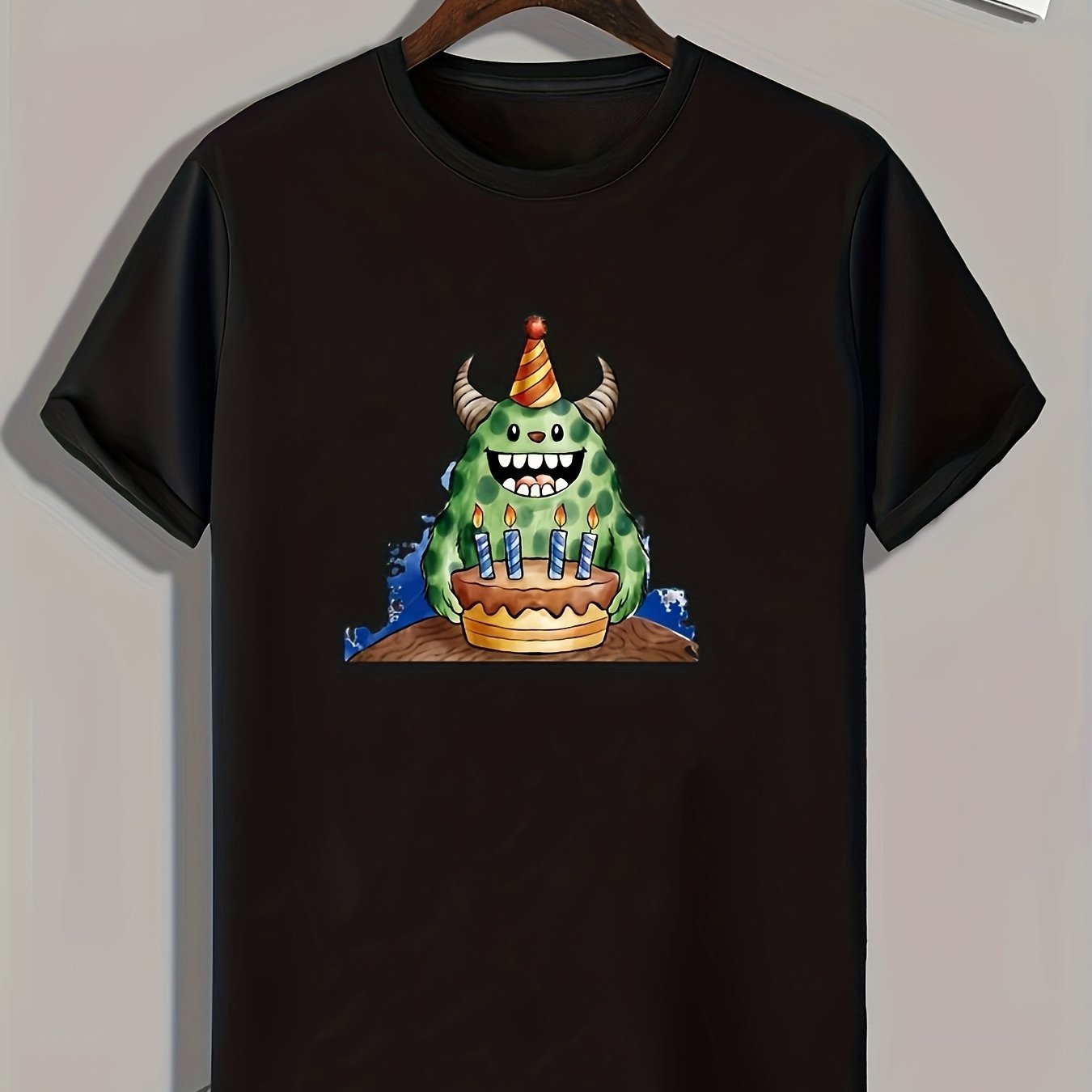 Birthday Cartoon Monster Pattern Print Men's Comfy Sports T shirt Graphic Tee