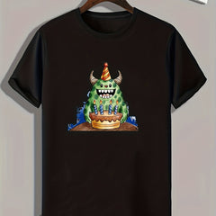 Birthday Cartoon Monster Pattern Print Men's Comfy Sports T shirt Graphic Tee