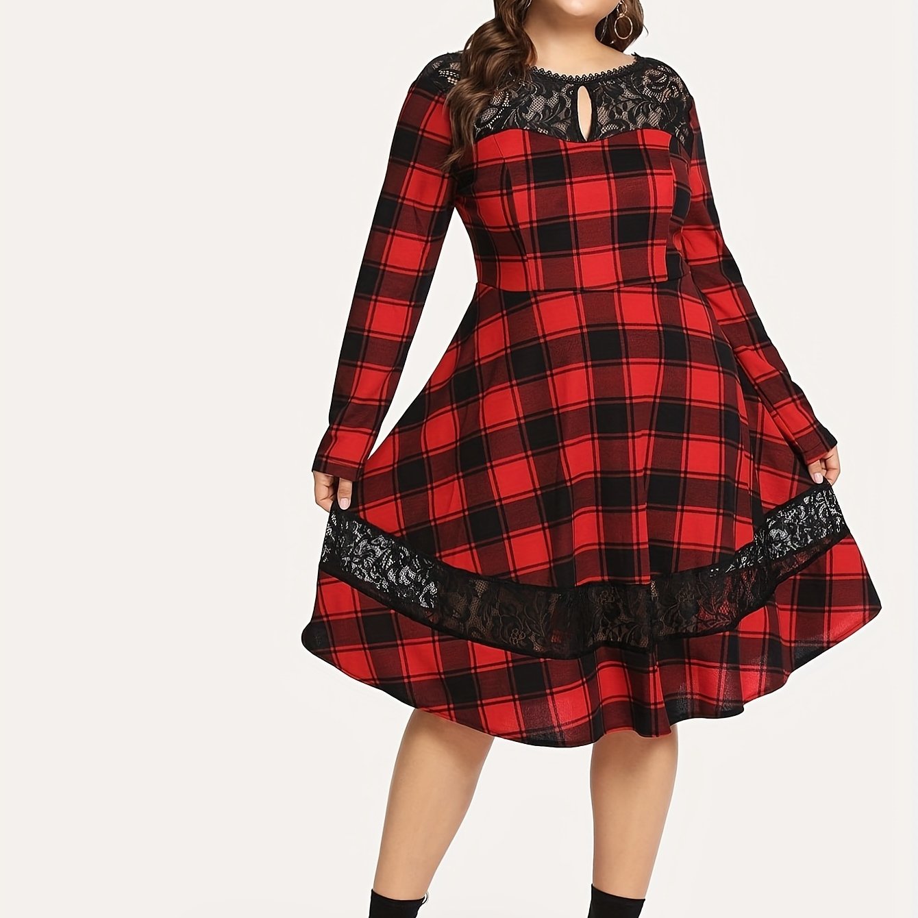 Retro Dress Women's Plus Lace Long Sleeve Round Neck Dress