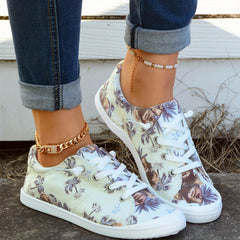 Women's Coconut Tree Pattern Canvas Shoes Lace Up Flat Walking Shoes
