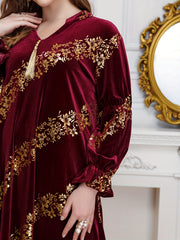 Golden Floral Print Flounce Sleeve Abaya Dress