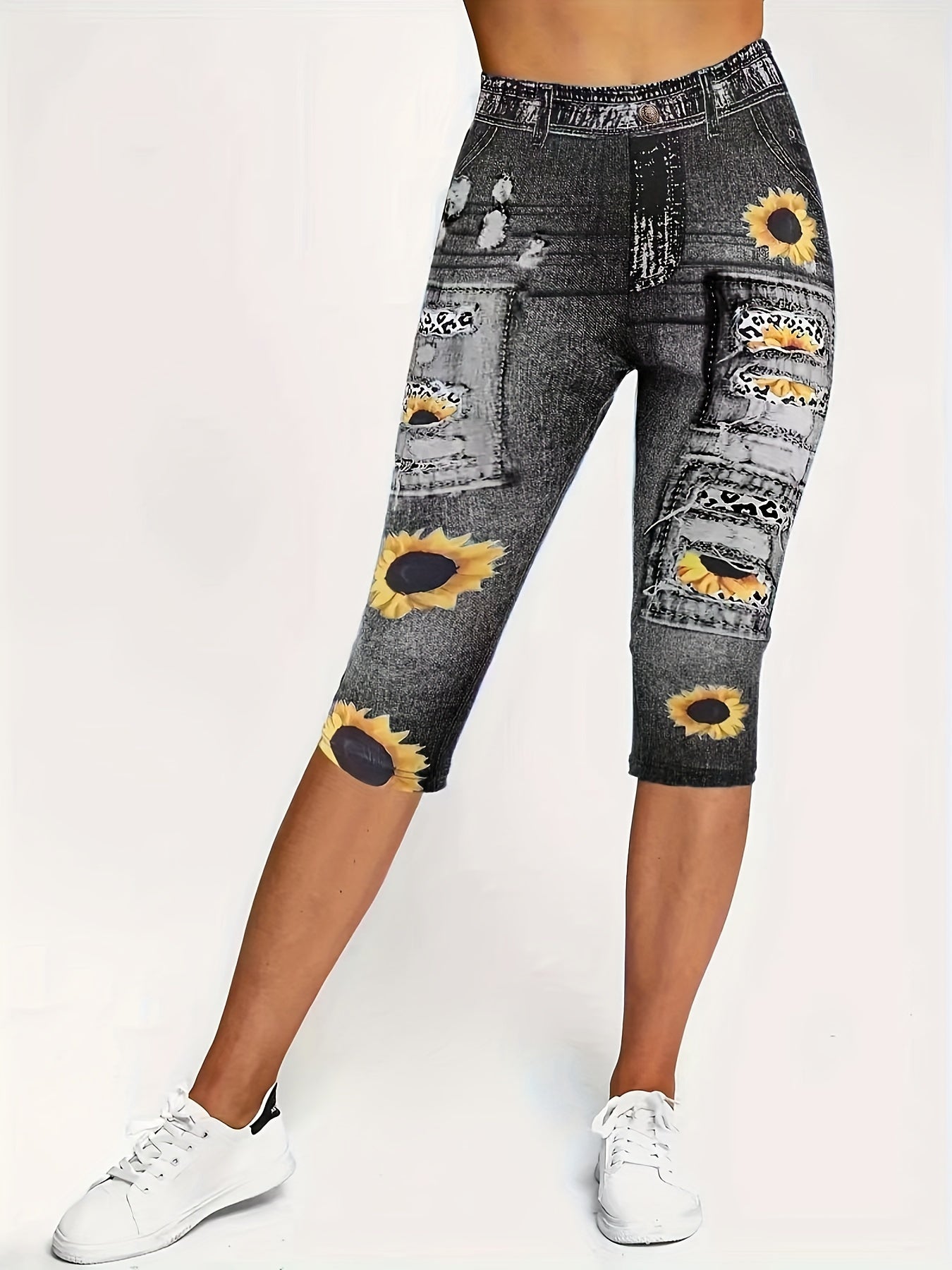 Denim & Sunflower Print Sports Leggings Women's Clothing