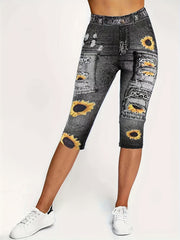 Denim & Sunflower Print Sports Leggings Women's Clothing
