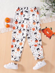 Girls Halloween Jogger Trousers Pumpkin Ghost Print Elastic Waist Pants