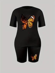 Women's Plus Butterfly Print Top & Shorts Two Piece Set