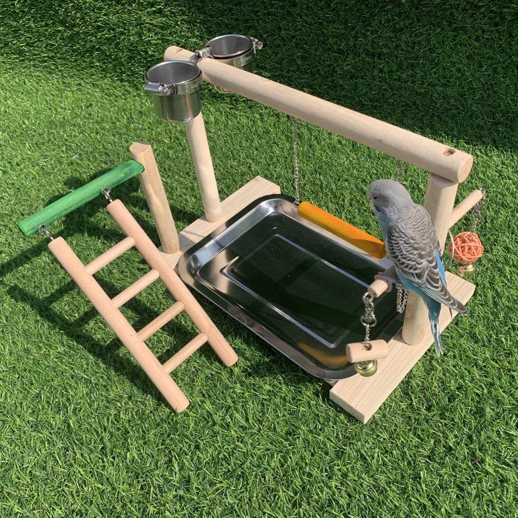 Wooden Bird Training Station with Feeding Game Swing Stairs