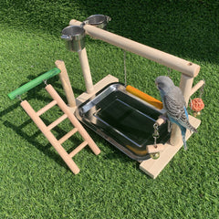 Wooden Bird Training Station with Feeding Game Swing Stairs