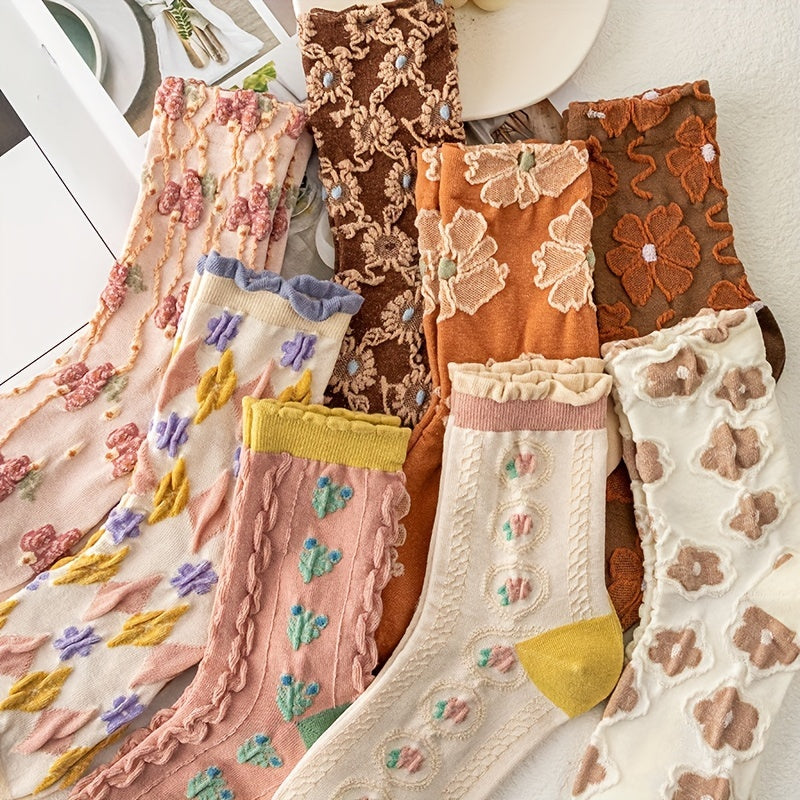 3 Pairs Floral Print Socks Mid Tube Women's Stockings