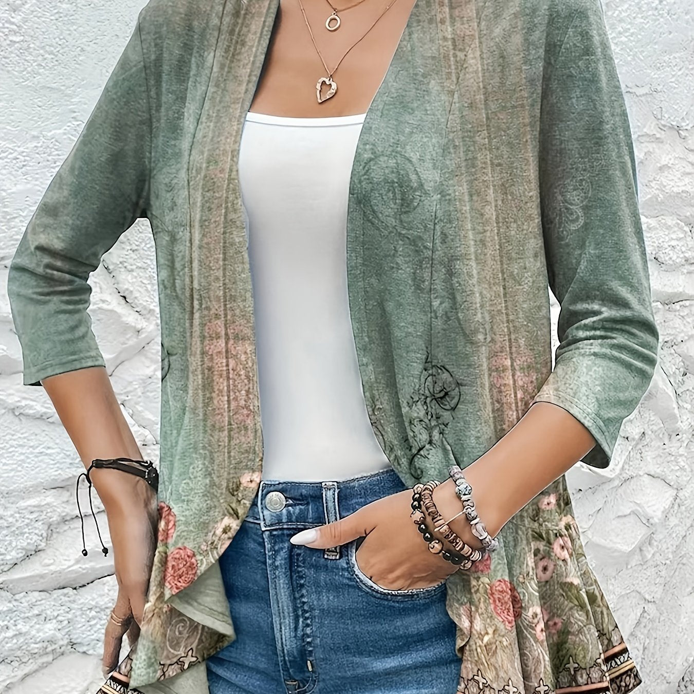 Floral Print Half Sleeve Open Front Cardigan