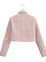 Gingham Crop Blazer V neck Long Sleeve