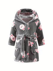 Cartoon Pattern Hooded Flannel Bathrobe for Girls