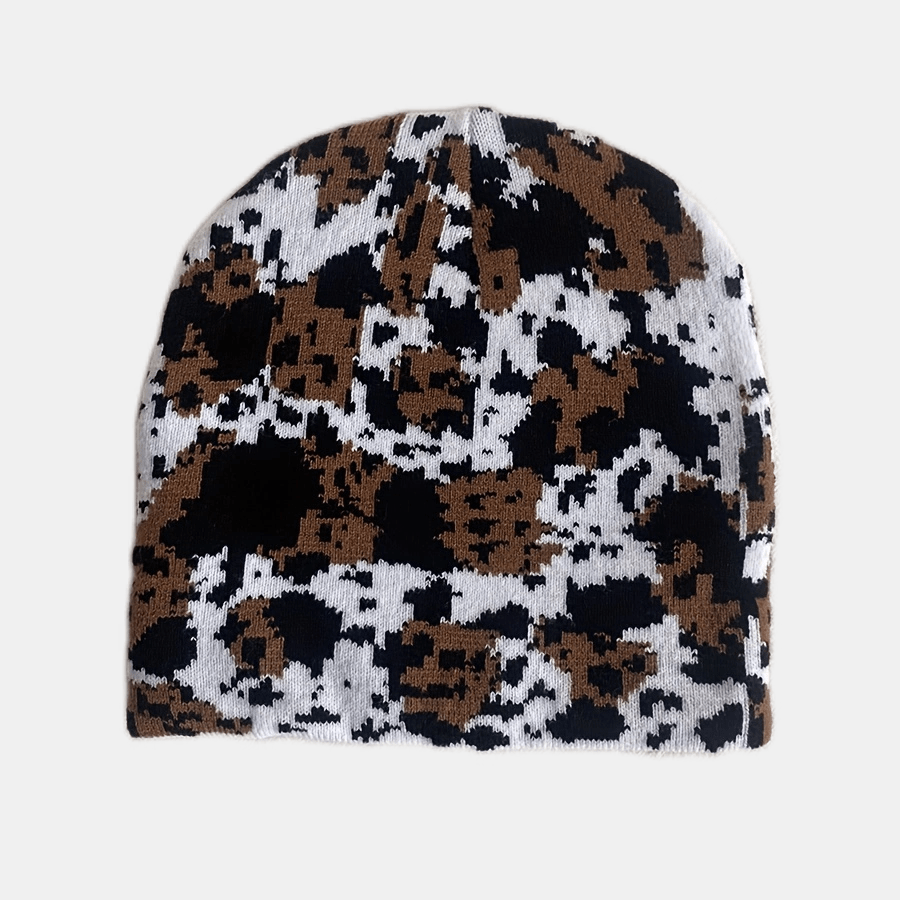 Cow Pattern Beanie Striped Knit Hat Unisex Couple Skull Cap