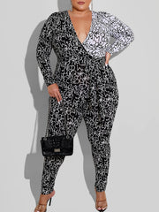 Colorblock Letter Print Long Sleeve Jumpsuit With Belt
