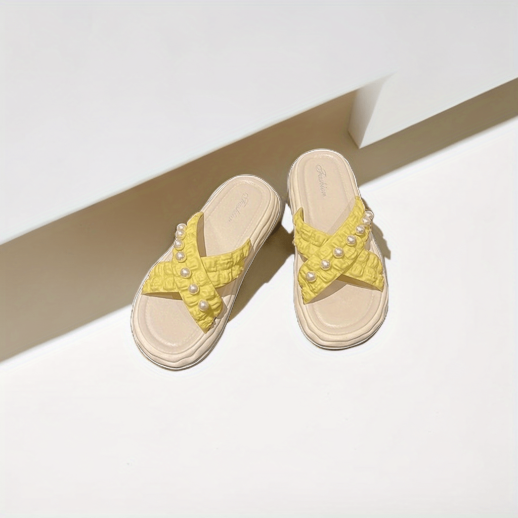 Women's Pearl Decor Sandals Open Toe Cross Strap Slip On Slippers