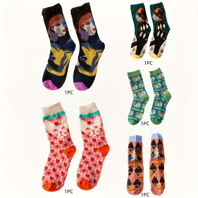 5 Pairs Men's Novelty Socks Vintage Cartoon Patterns Christmas Gift