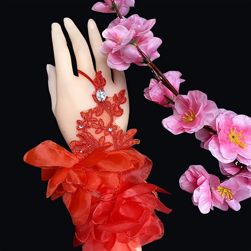 Bridal Lace Wedding Gloves with Floral Hollow Out and Jeweled Accents