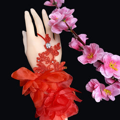 Bridal Lace Wedding Gloves with Floral Hollow Out and Jeweled Accents
