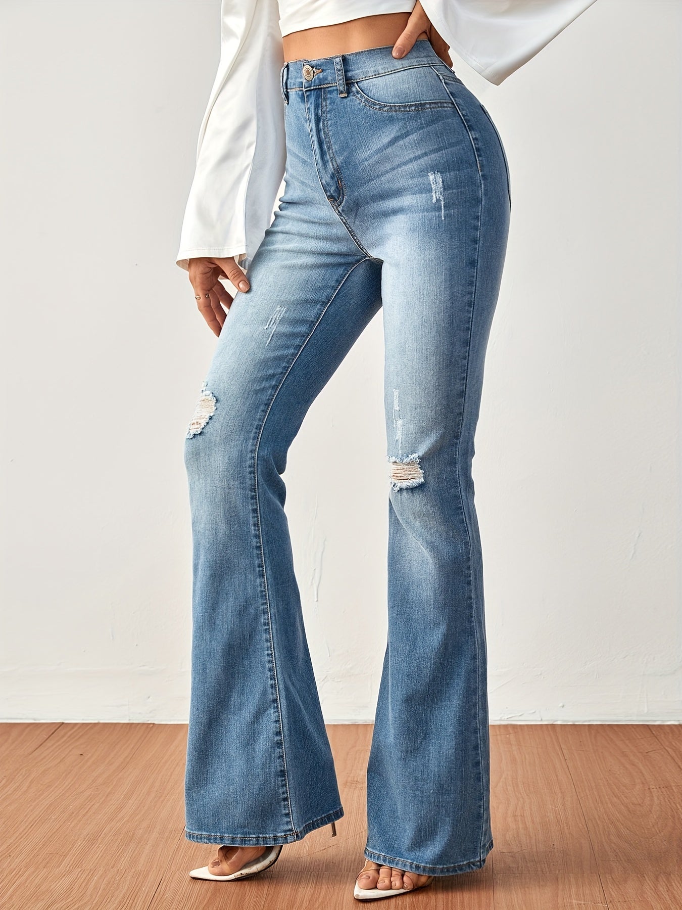 Ripped Flared Jeans Wide Legs Bell Bottom Slash Pockets Casual Denim Pants