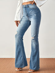 Ripped Flared Jeans Wide Legs Bell Bottom Slash Pockets Casual Denim Pants