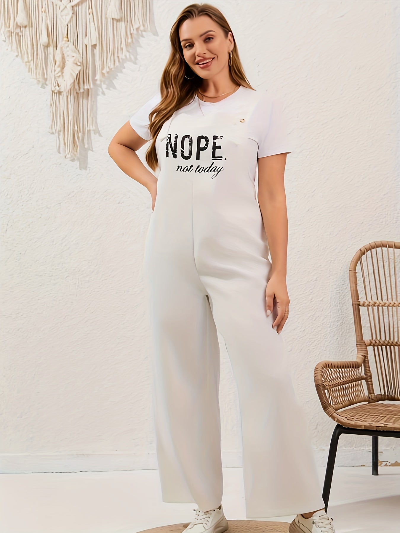 Plus Size Letter Print Wide Leg Jumpsuit