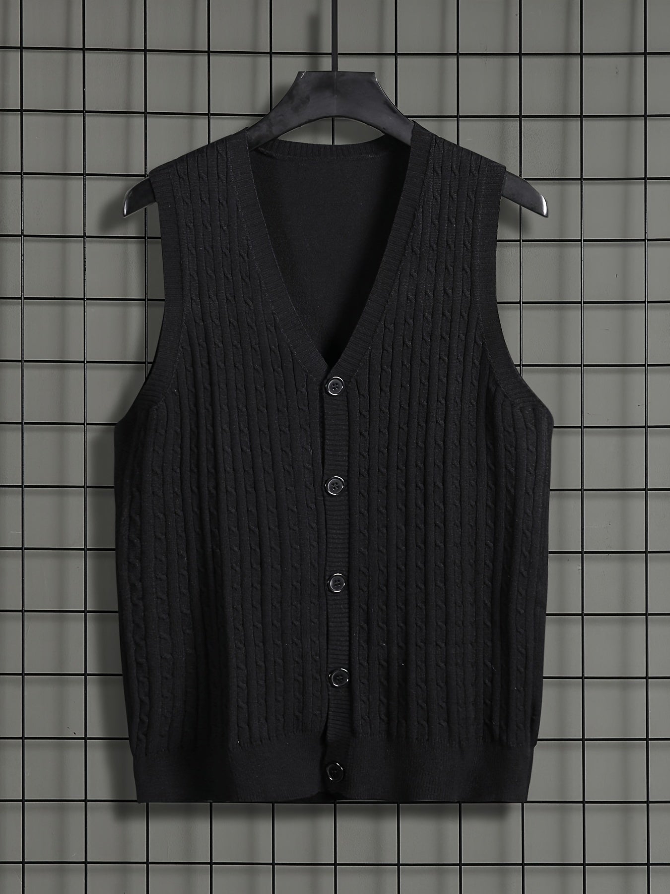 Men's Knit Cable Cardigan Vest V Neck Button Up Casual Vintage Style