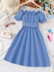 Girls Casual Solid Princess Pleated Dress Cold Shoulder Short Sleeves