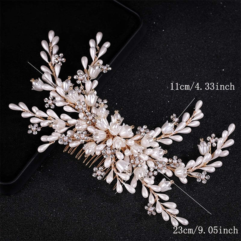 Golden Faux Pearls Hair Combs Rhinestone Headpiece Bridal Accessories