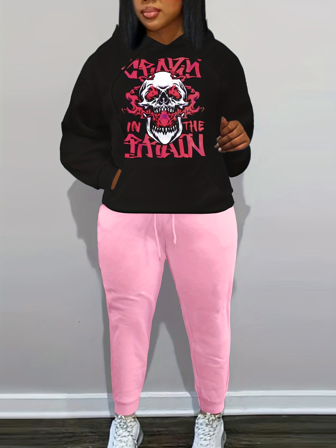 Gothic Outfits Set Skull Print Hoodie & Joggers 2 Piece Set