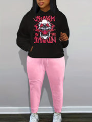 Gothic Outfits Set Skull Print Hoodie & Joggers 2 Piece Set