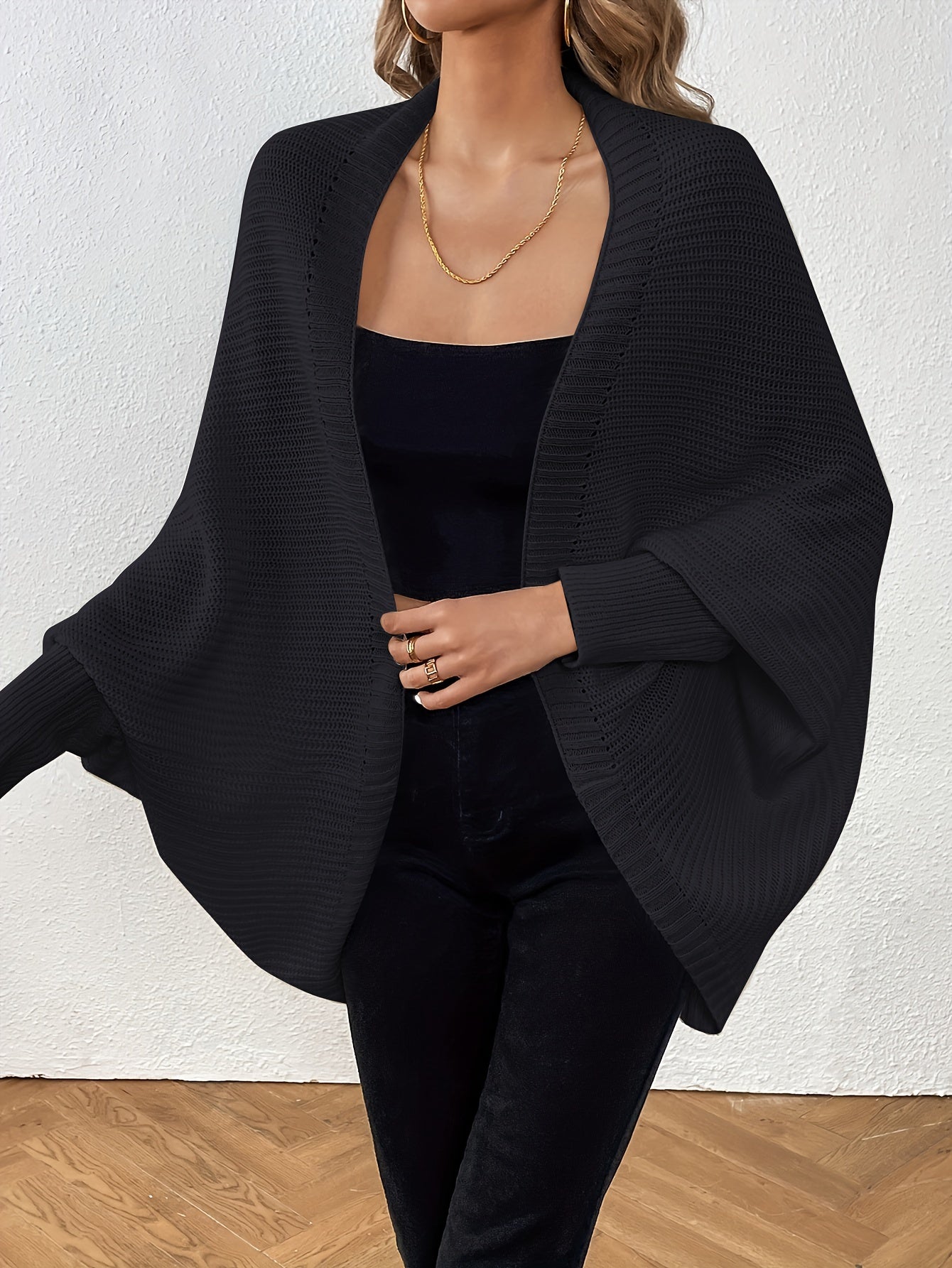 Batwing Sleeve Knit Cardigan Open Front Solid Sweater