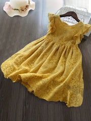 Toddler Girls Mesh Princess Dress Ruffle Trim Back Bow Flowers Embroidery