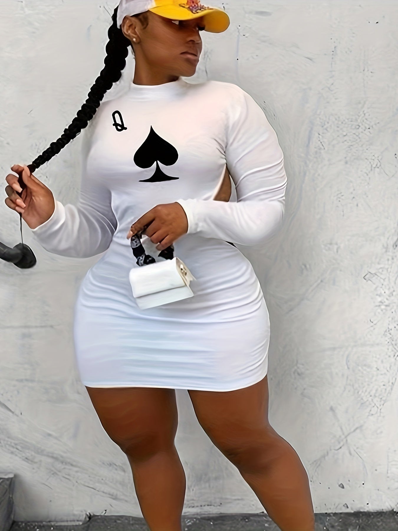Women's Plus Poker Spade Q Print Long Sleeve Mock Neck Backless Mini Dress