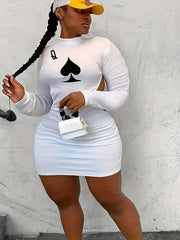 Women's Plus Poker Spade Q Print Long Sleeve Mock Neck Backless Mini Dress