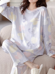 Heart Print Pajama Set Long Sleeve Crew Neck Top & Elastic Waistband Pants