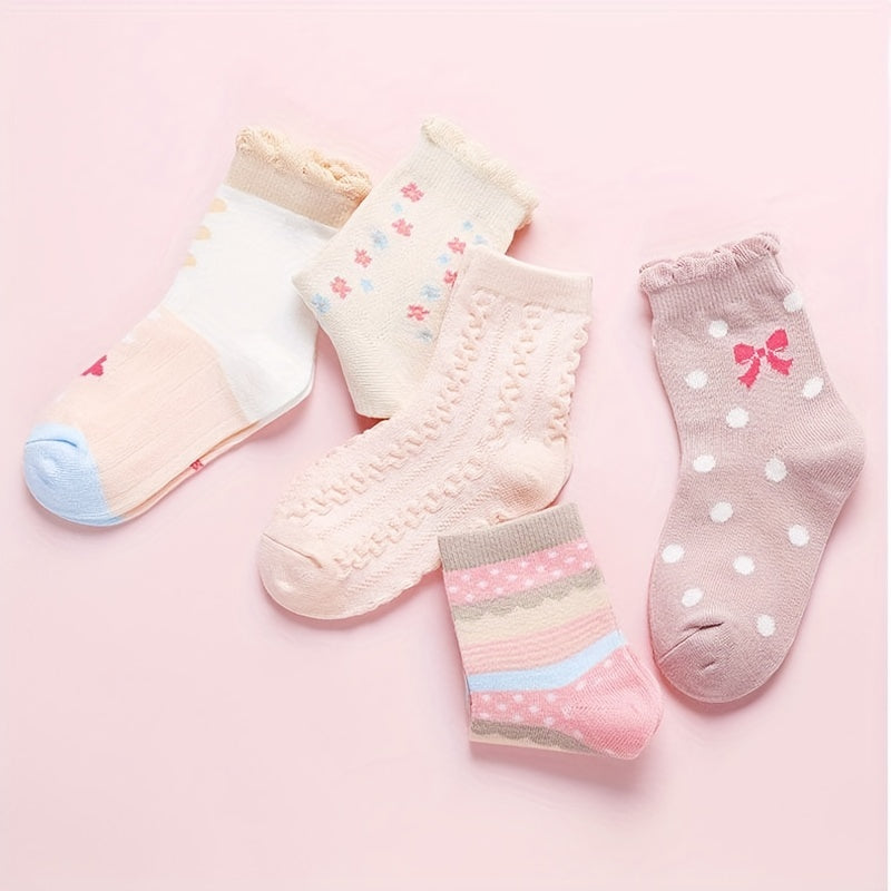 5 Pairs Casual Flower Bow Polka Dot Knit Socks