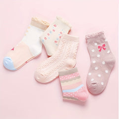 5 Pairs Casual Flower Bow Polka Dot Knit Socks