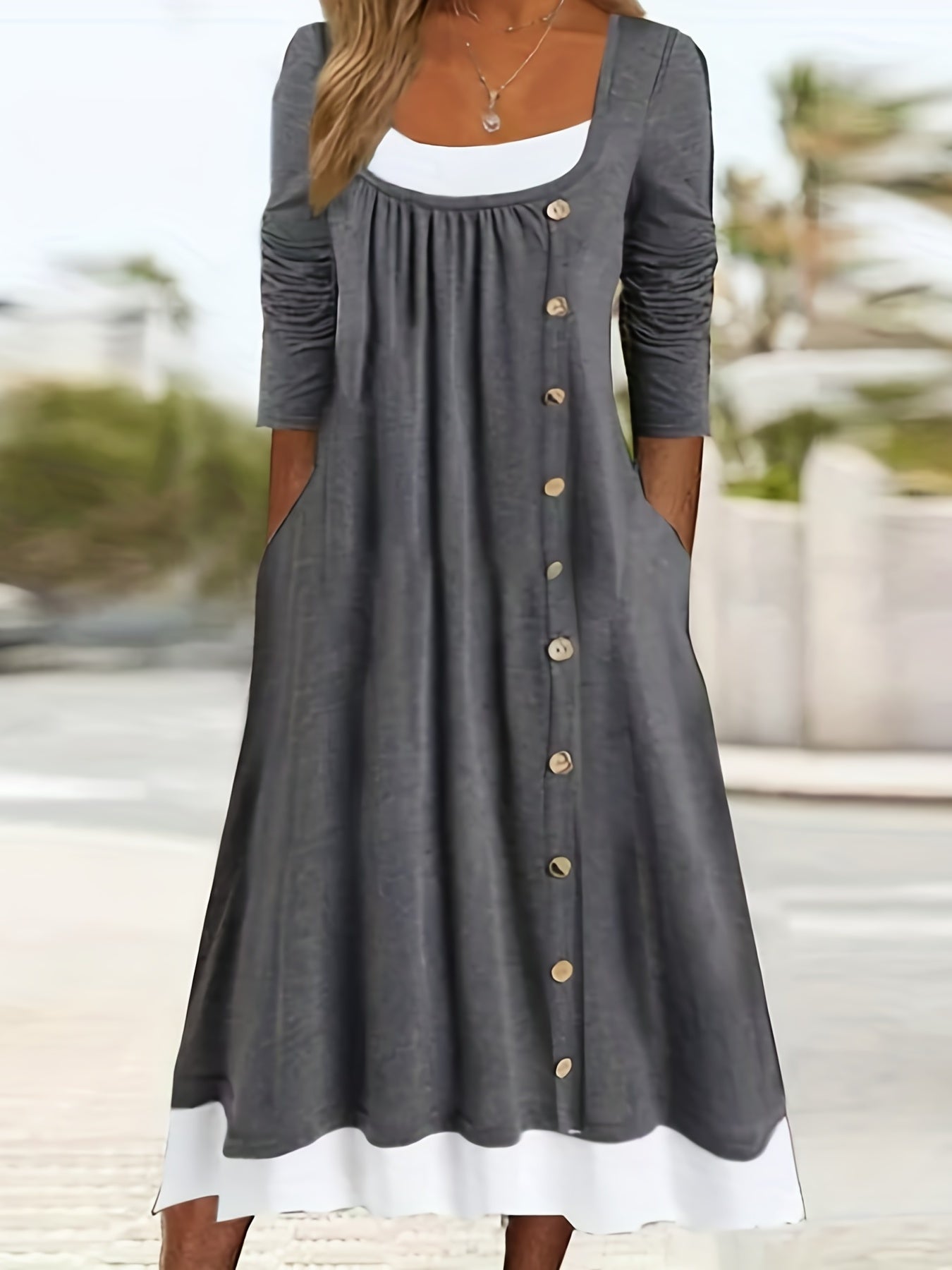Block Button Front Dress Casual Long Sleeve Dress Women's Clothing