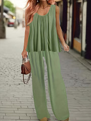 Solid Tank Top & Elastic Pants Set