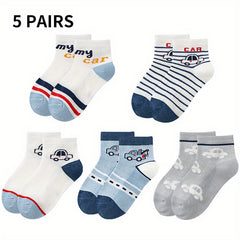 Boys Cartoon Car Striped Bear Smile Face Crew Socks