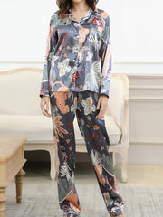 Leopard Print Satin Pajama Set Long Sleeve Top & Pants
