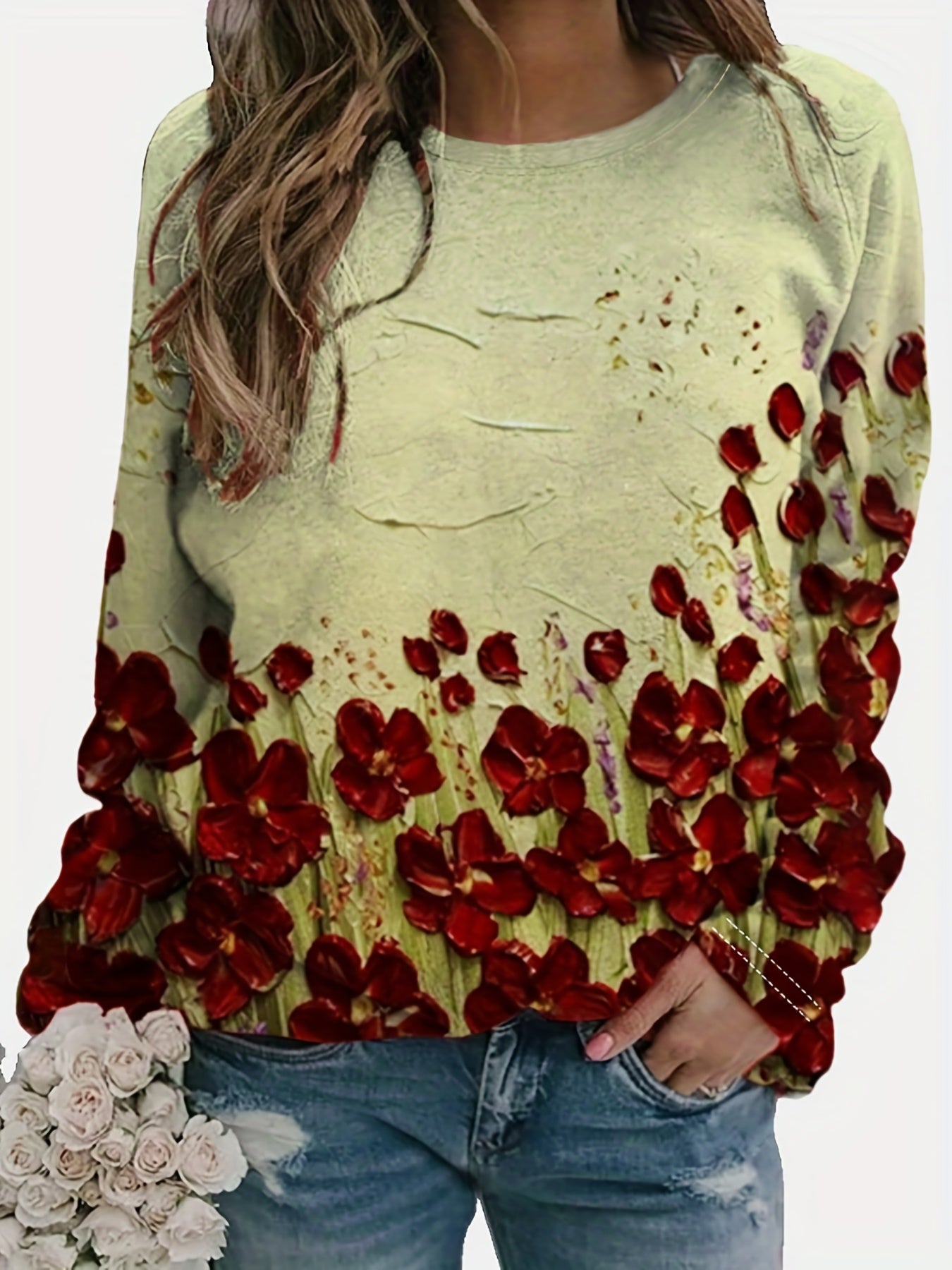 Floral Print Sweatshirt Long Sleeve Crew Neck Casual Pullover