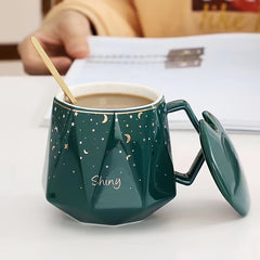 Ramadan Gift: 13oz Ceramic Cup With Spoon, Star & Moon Pattern