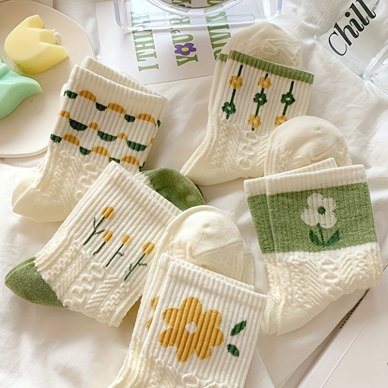 5 Pairs Floral Print Socks Breathable Women's Stockings & Hosiery